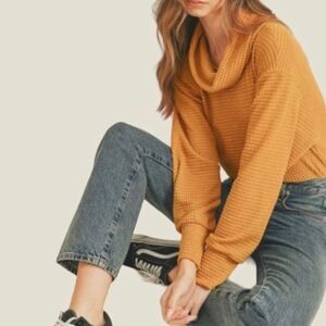 Free People Juicy Long Sleeve Cowl Neck Waffle Knit Split Back Top Mustard Sweat